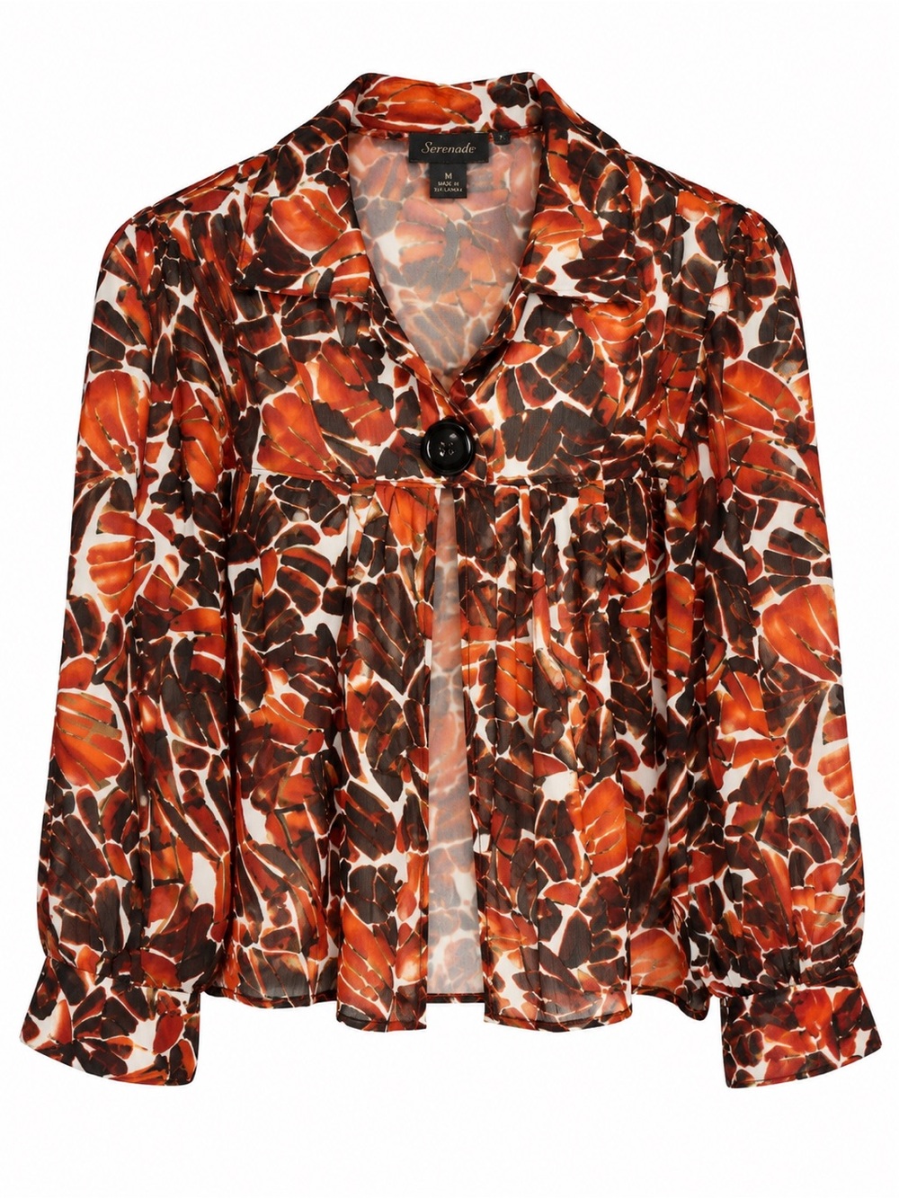 Serenade Women’s Medium Sheer Abstract Print One Button Open Front Top